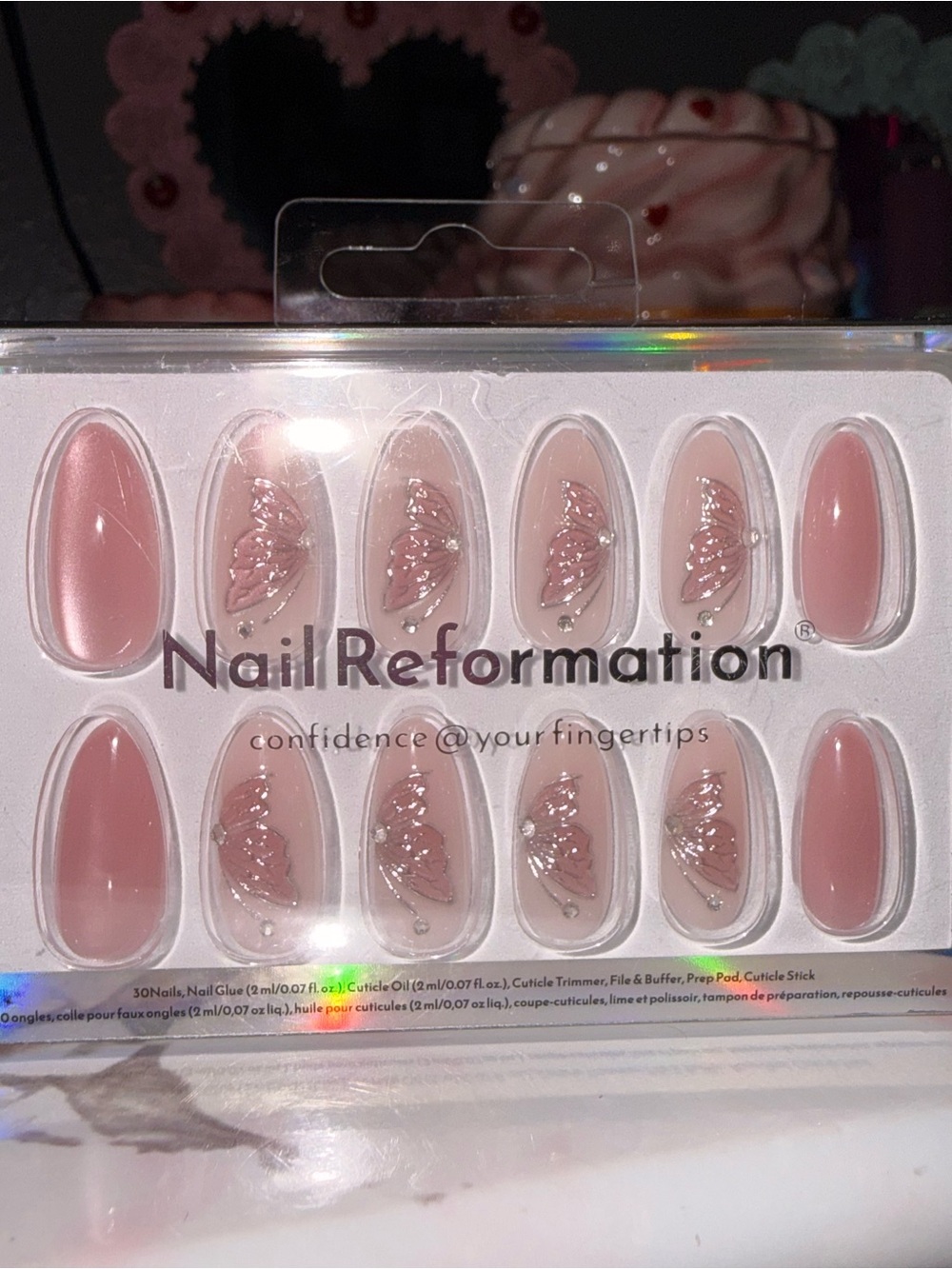 Nail Reformation Pink Cat Eye with Butterfly Accent Press Ons